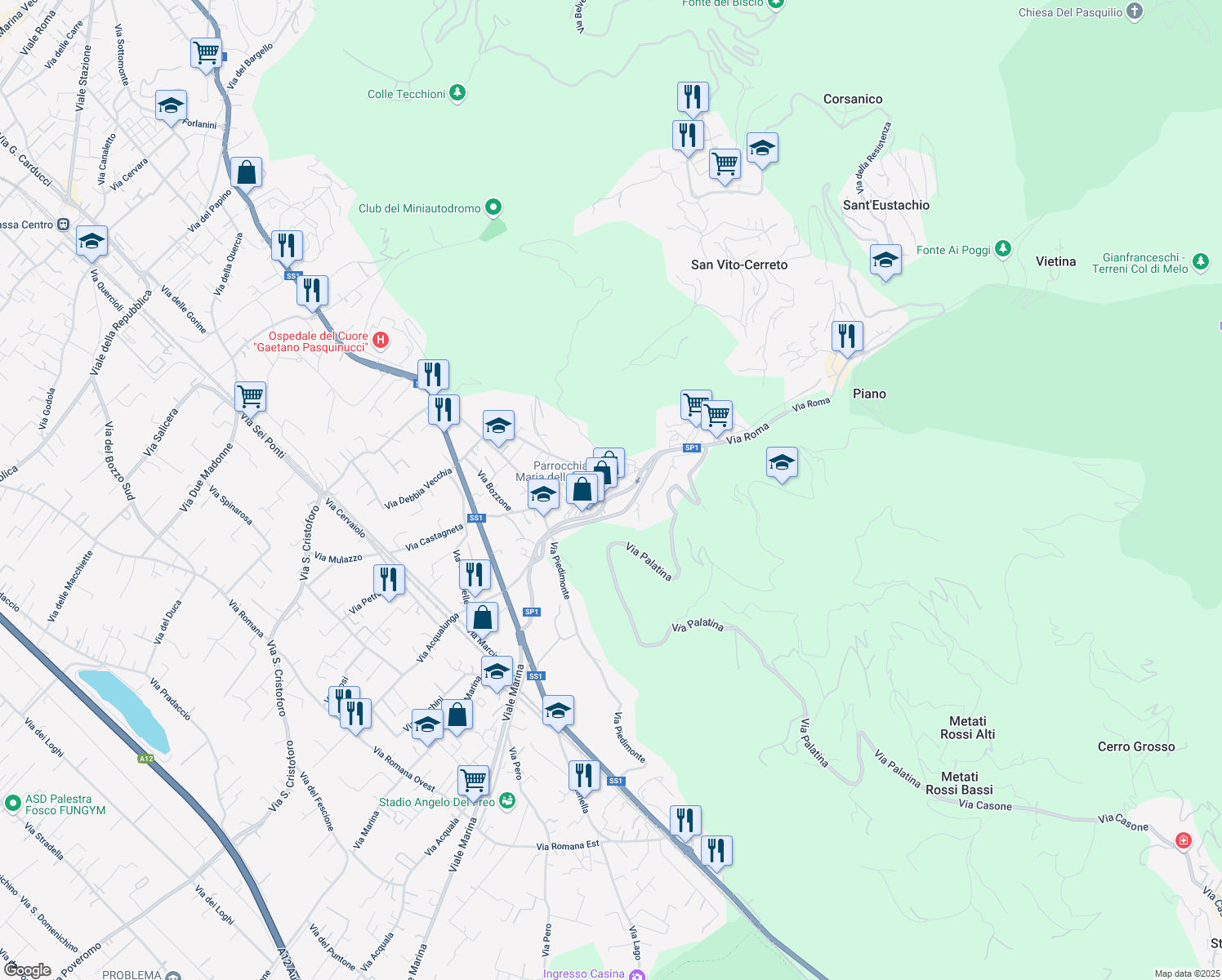 map of restaurants, bars, coffee shops, grocery stores, and more near 41 Via del Palazzo in Capanne-Prato-Cinquale