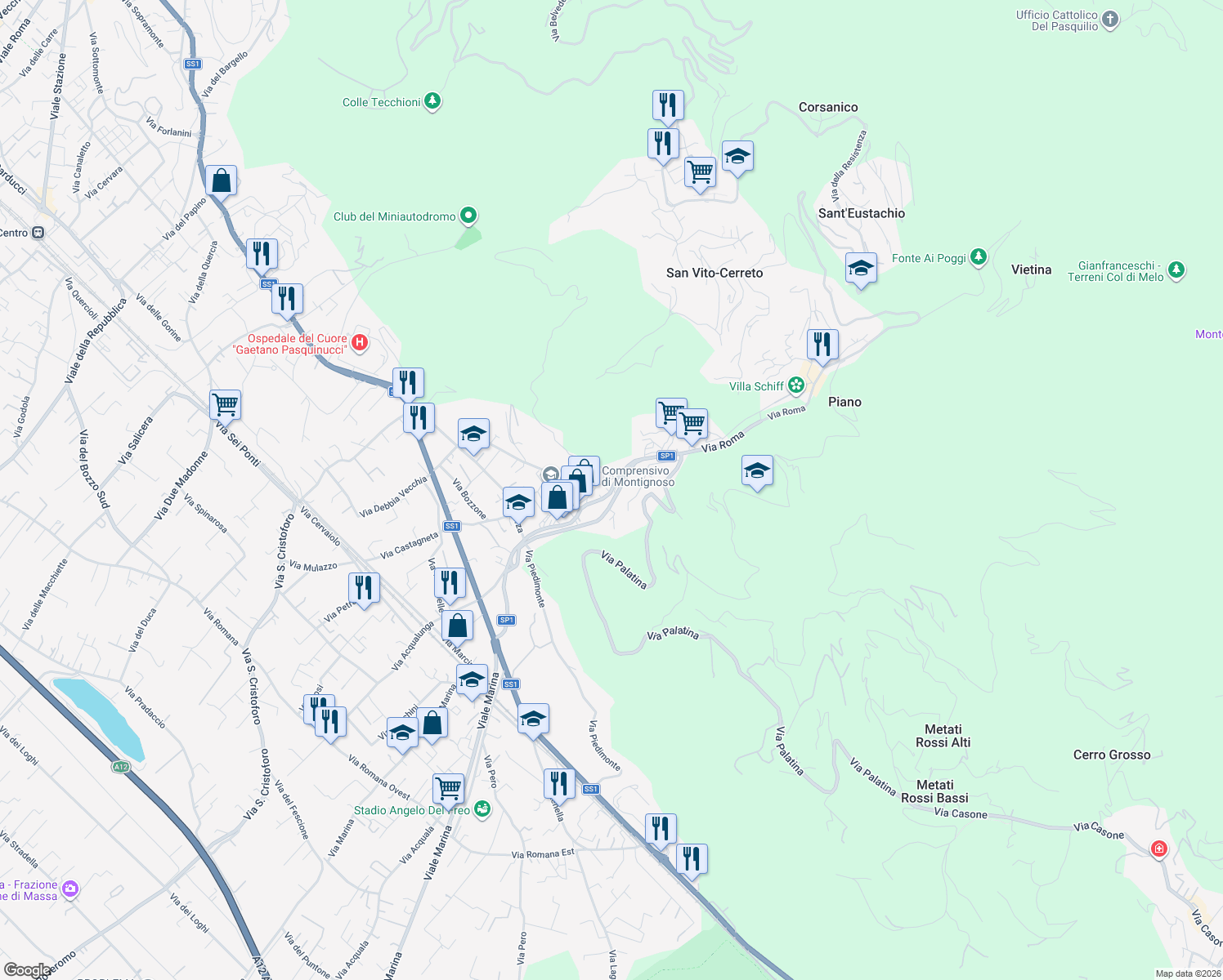 map of restaurants, bars, coffee shops, grocery stores, and more near Strada Provinciale 1 in Capanne-prato-cinquale