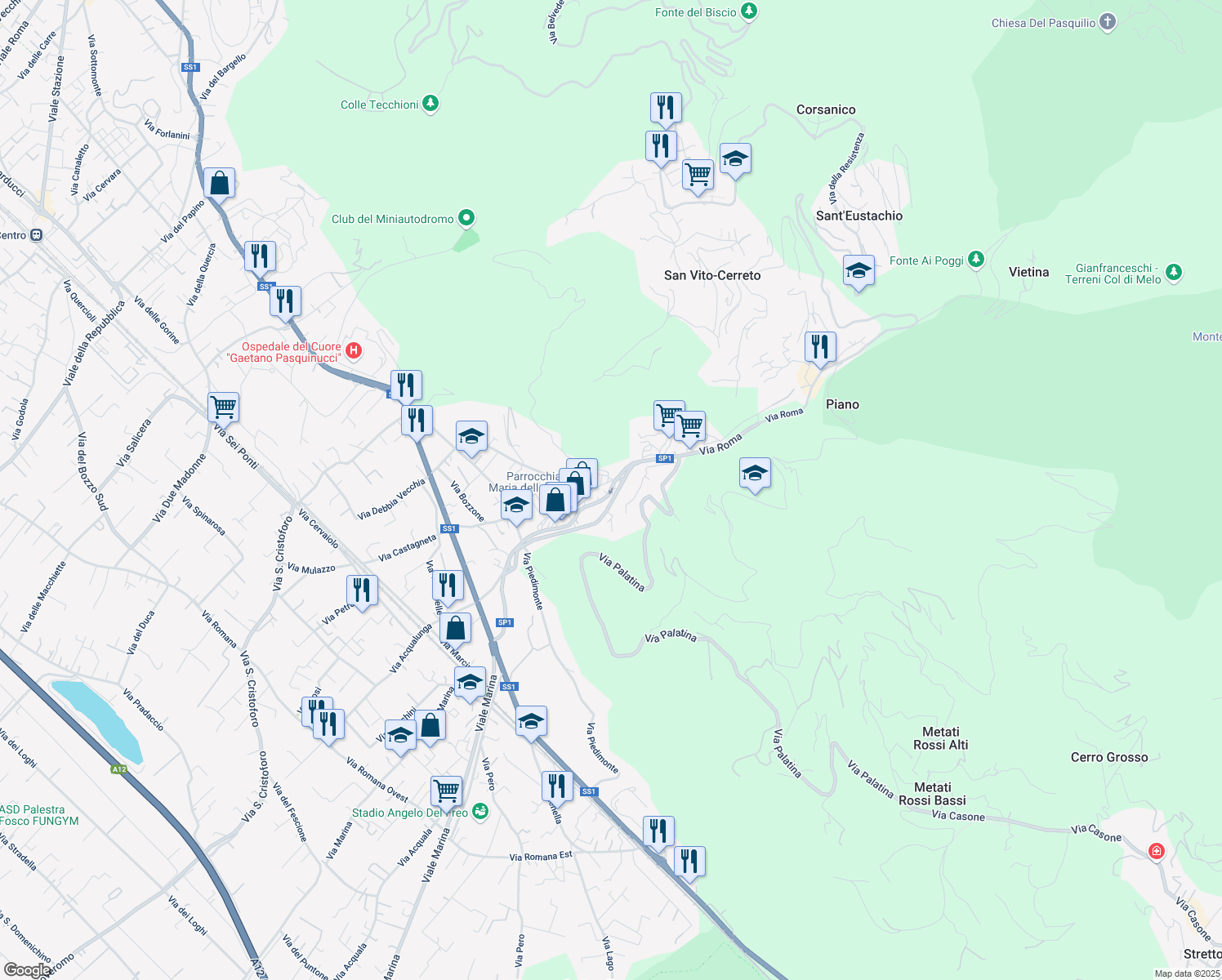 map of restaurants, bars, coffee shops, grocery stores, and more near Strada Provinciale 1 in Capanne-prato-cinquale