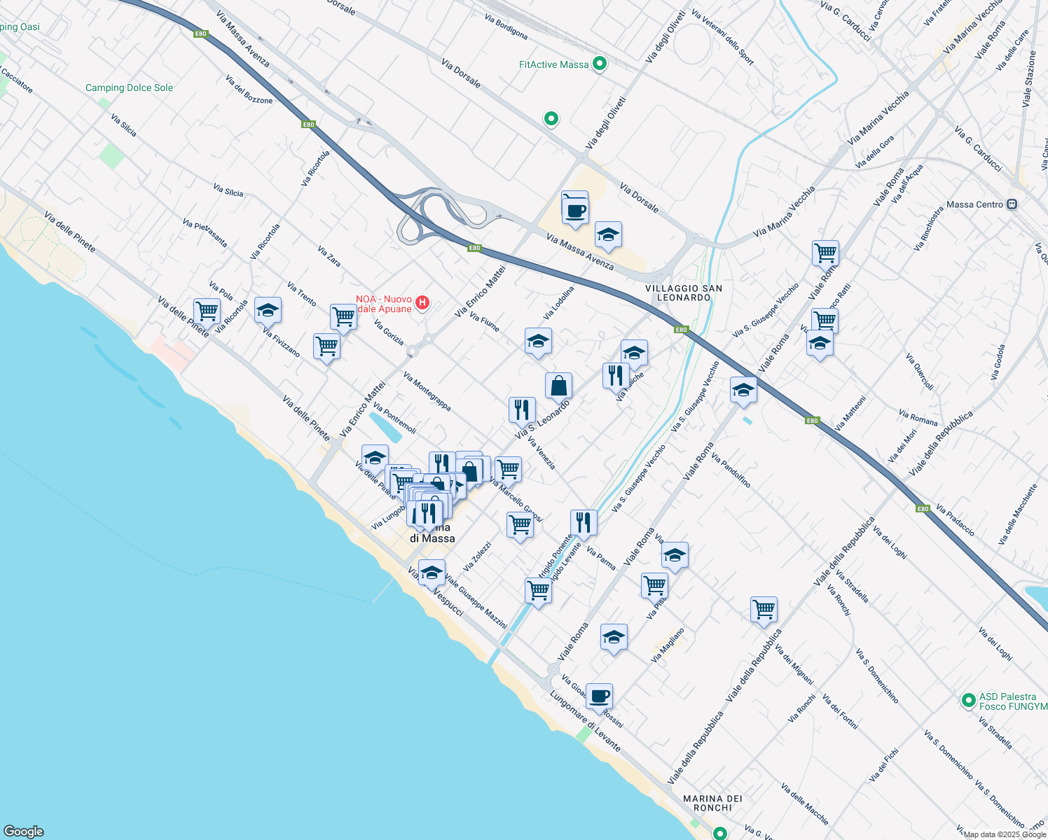map of restaurants, bars, coffee shops, grocery stores, and more near 298 Via San Leonardo in Marina di Massa