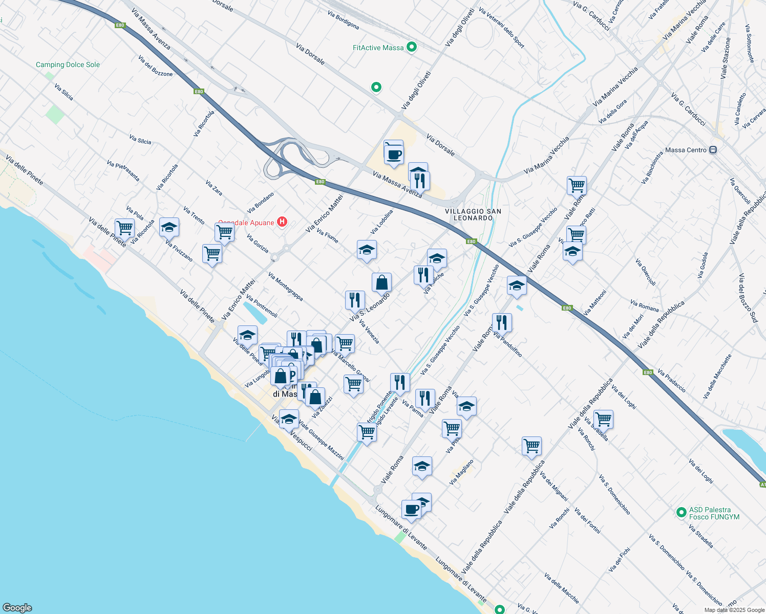 map of restaurants, bars, coffee shops, grocery stores, and more near 243 Via San Leonardo in Marina di Massa