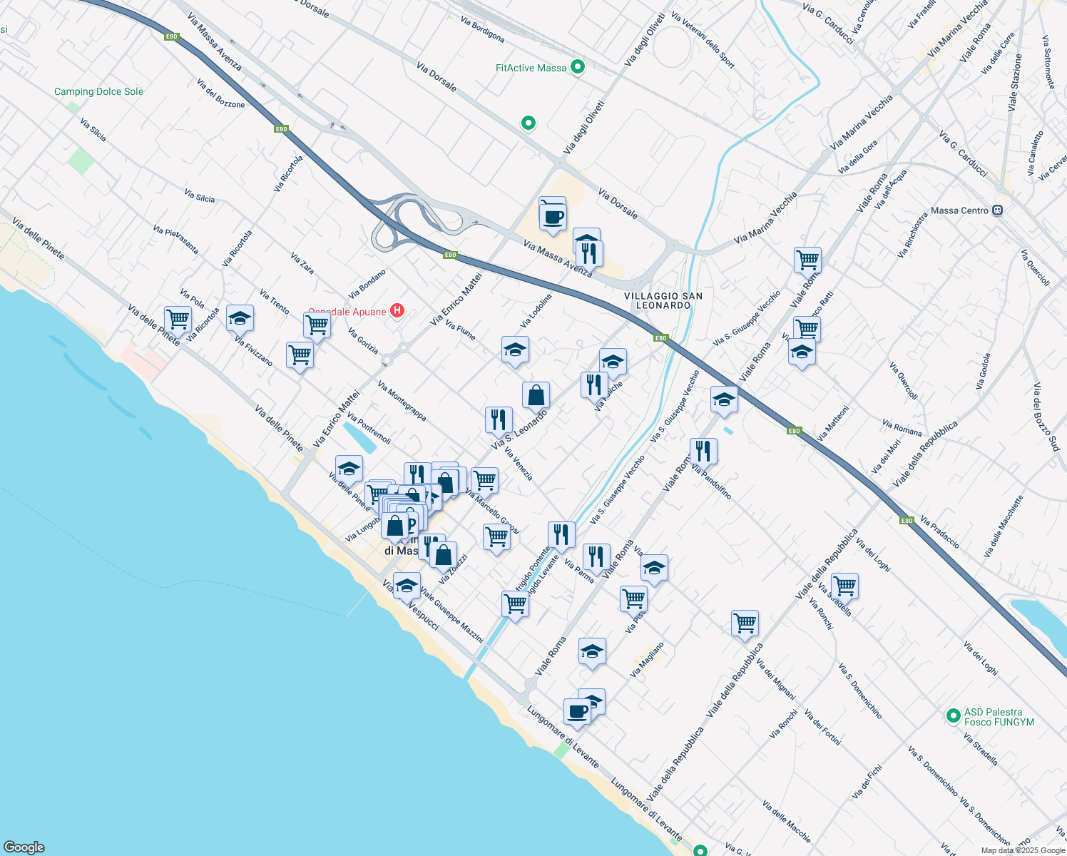 map of restaurants, bars, coffee shops, grocery stores, and more near 243 Via San Leonardo in Marina di Massa