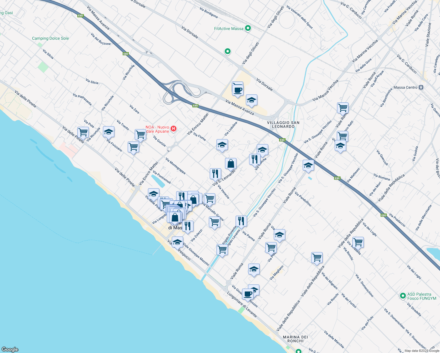 map of restaurants, bars, coffee shops, grocery stores, and more near 298 Via San Leonardo in Marina di Massa