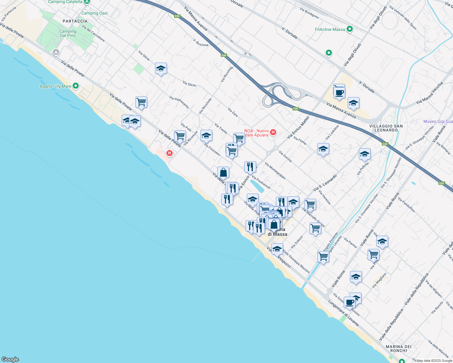 map of restaurants, bars, coffee shops, grocery stores, and more near 1 Via Zeri in Marina di Massa