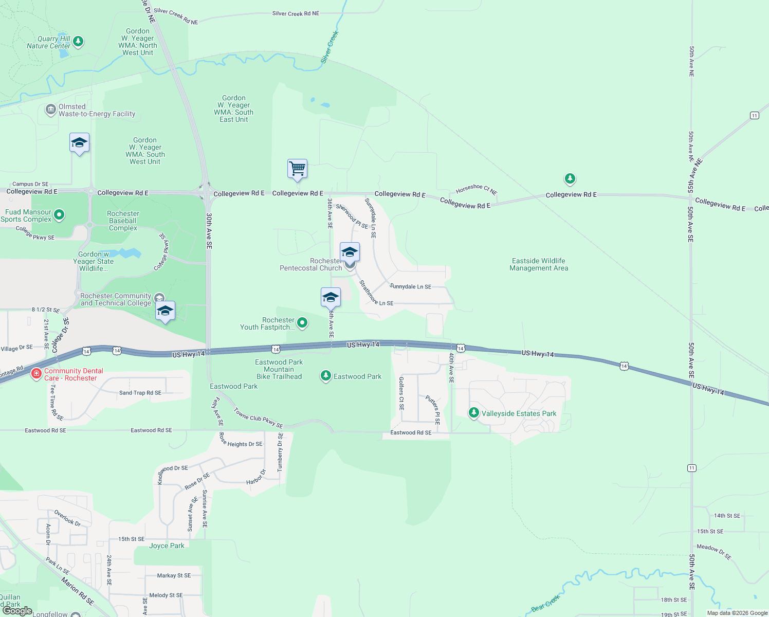 map of restaurants, bars, coffee shops, grocery stores, and more near 3712 Strathmore Lane Southeast in Rochester