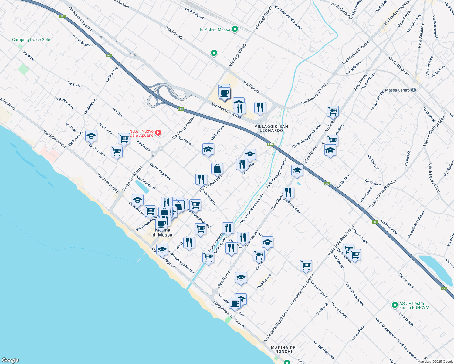 map of restaurants, bars, coffee shops, grocery stores, and more near 47 Via Treviso in Marina di Massa