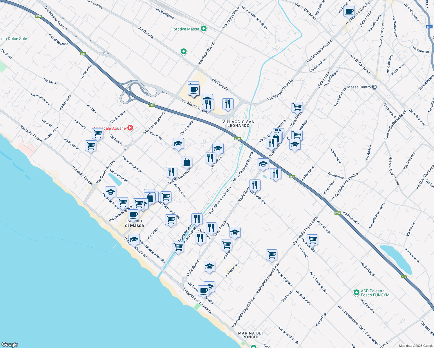 map of restaurants, bars, coffee shops, grocery stores, and more near 239 Via Puliche in Marina di Massa