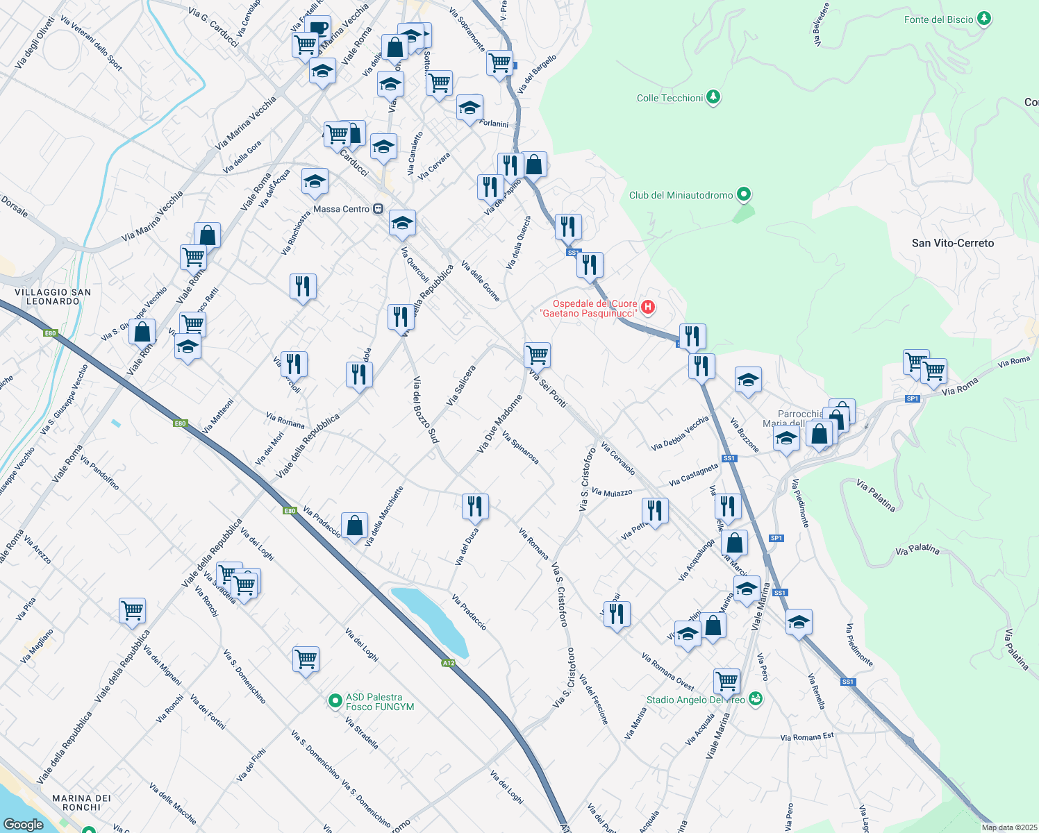 map of restaurants, bars, coffee shops, grocery stores, and more near 29 Via Due Madonne in Massa
