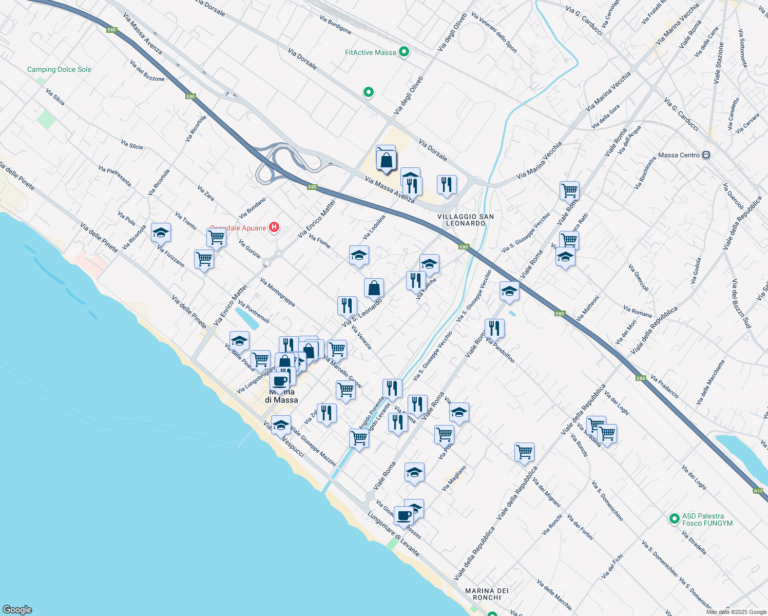 map of restaurants, bars, coffee shops, grocery stores, and more near 47 Via Treviso in Marina di Massa