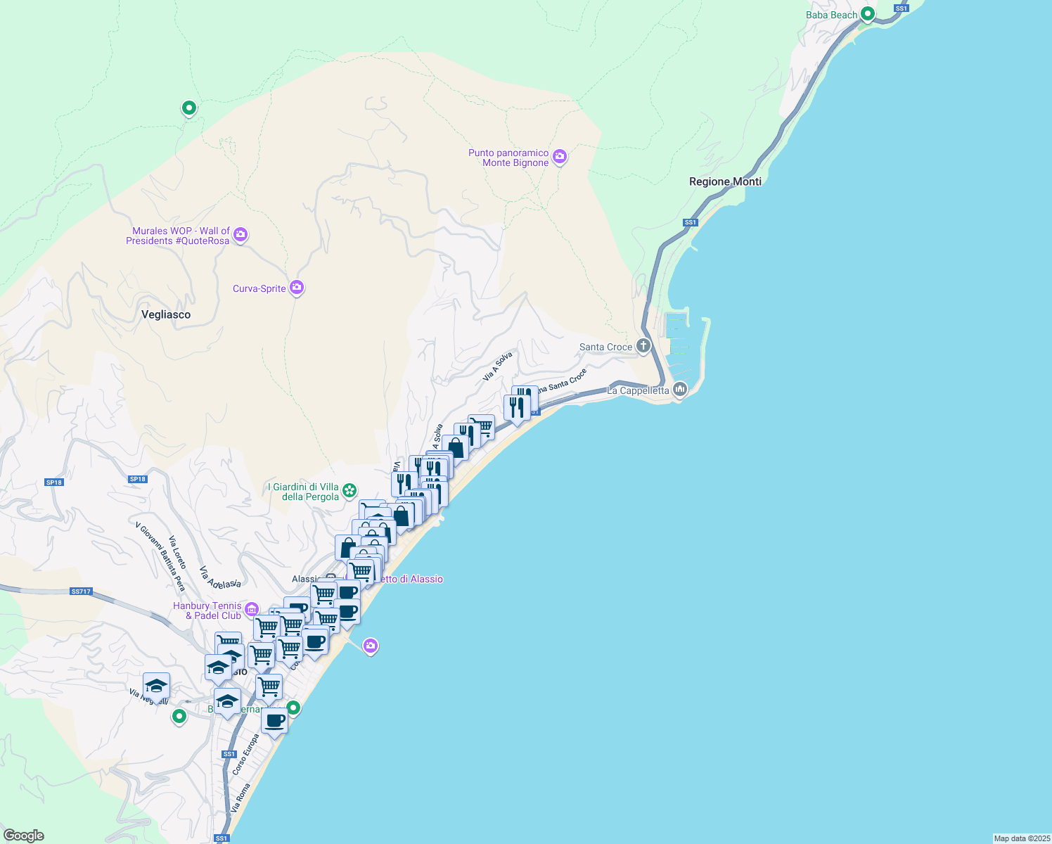 map of restaurants, bars, coffee shops, grocery stores, and more near 68 Passeggiata Cadorna in Alassio