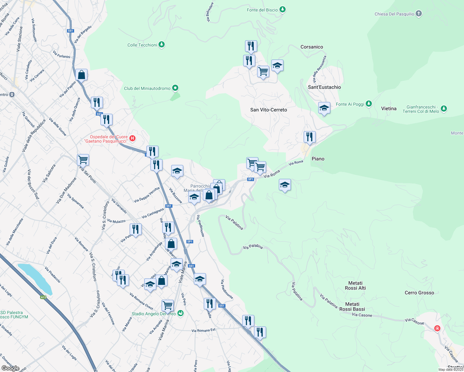map of restaurants, bars, coffee shops, grocery stores, and more near Strada Provinciale 1 in Capanne-Prato-Cinquale