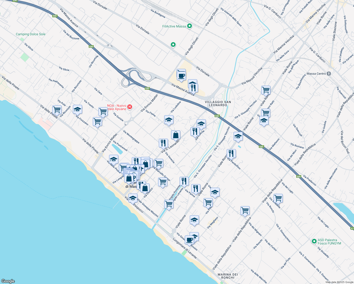 map of restaurants, bars, coffee shops, grocery stores, and more near 243 Via San Leonardo in Marina di Massa