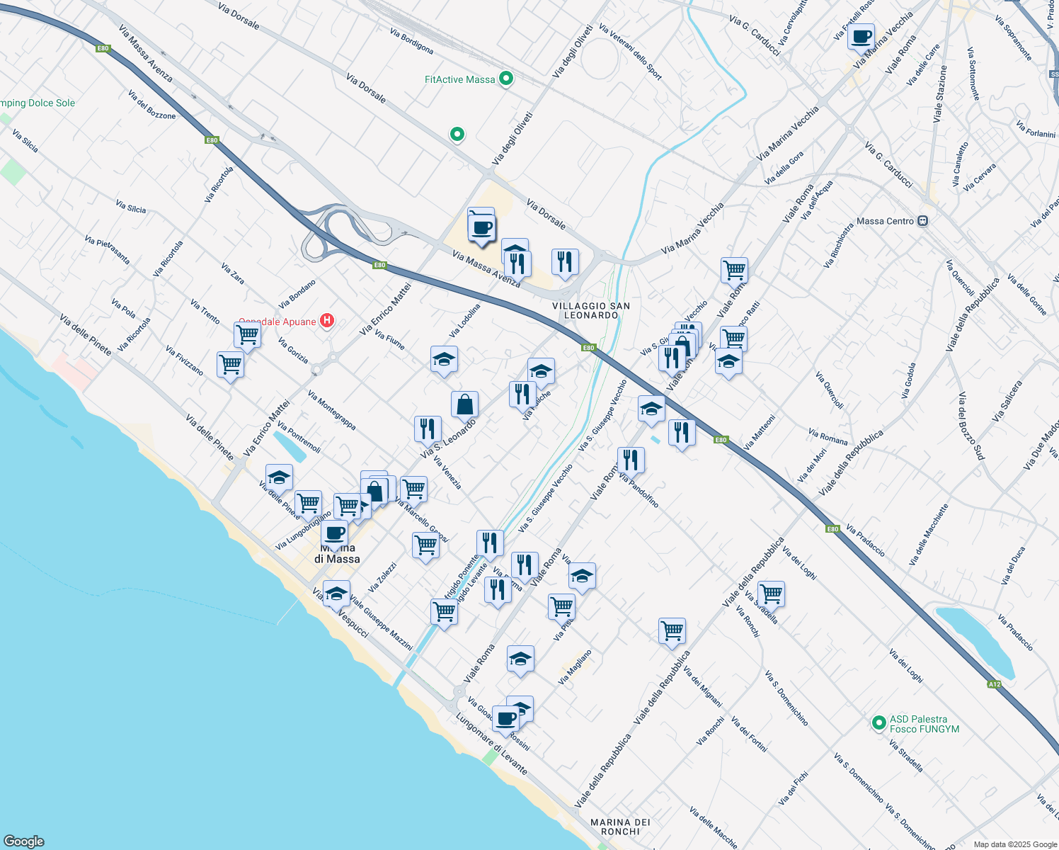 map of restaurants, bars, coffee shops, grocery stores, and more near 239 Via Puliche in Marina di Massa