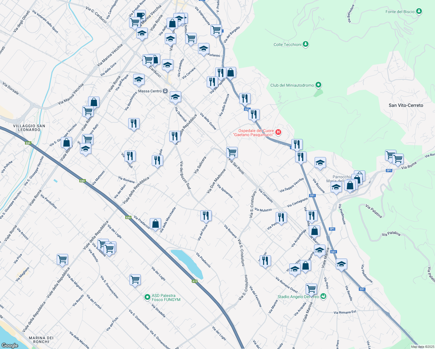 map of restaurants, bars, coffee shops, grocery stores, and more near 29 Via Due Madonne in Massa