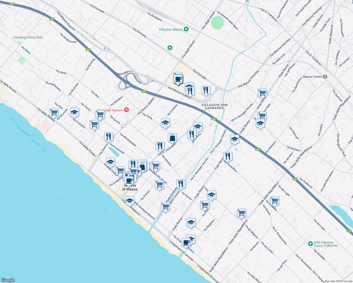 map of restaurants, bars, coffee shops, grocery stores, and more near 13 Via Fiume in Marina di Massa