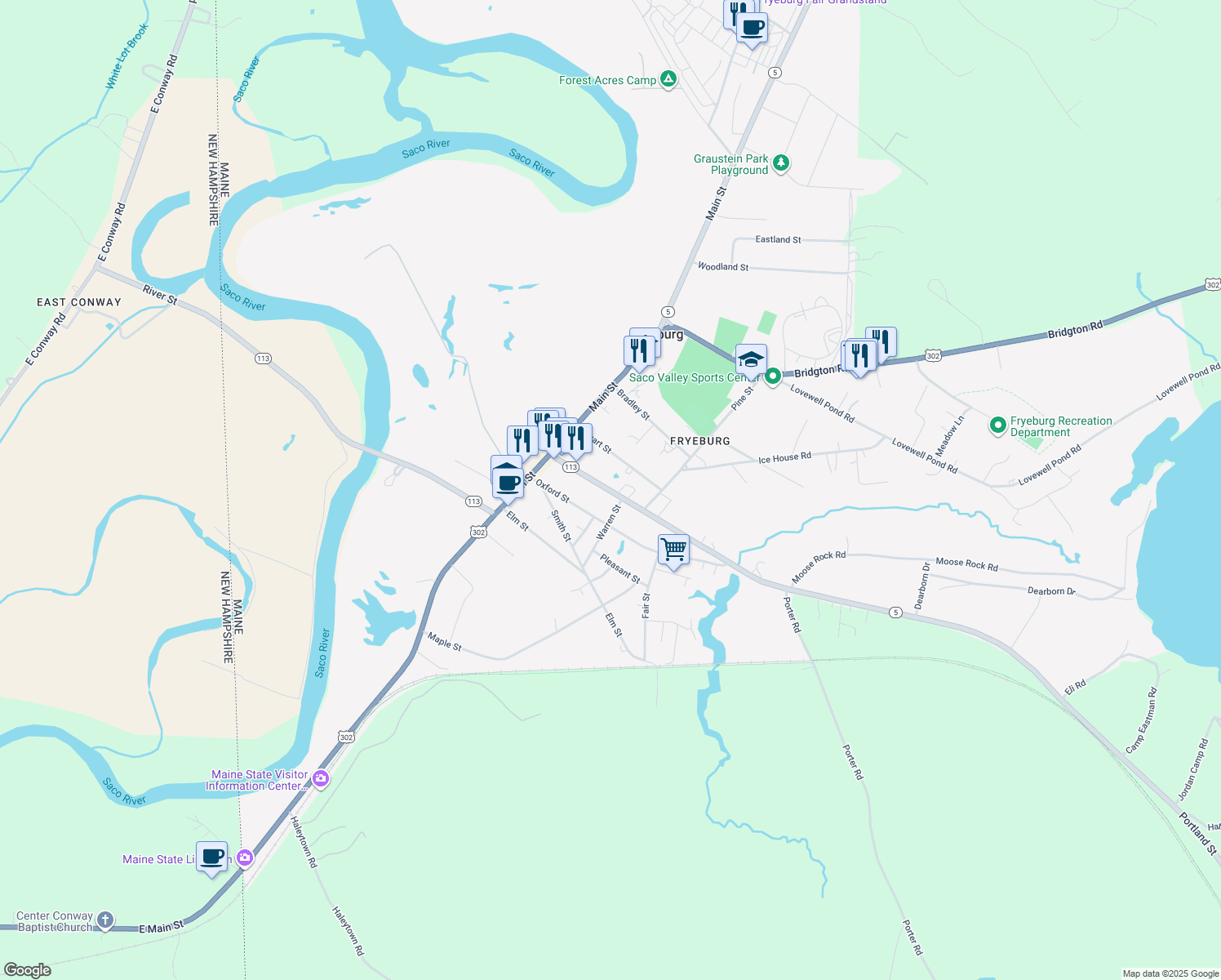 map of restaurants, bars, coffee shops, grocery stores, and more near 82 Portland Street in Fryeburg