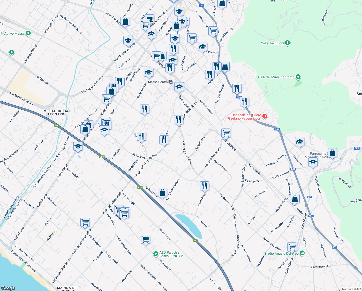 map of restaurants, bars, coffee shops, grocery stores, and more near 6 Via del Bozzo Sud in Massa