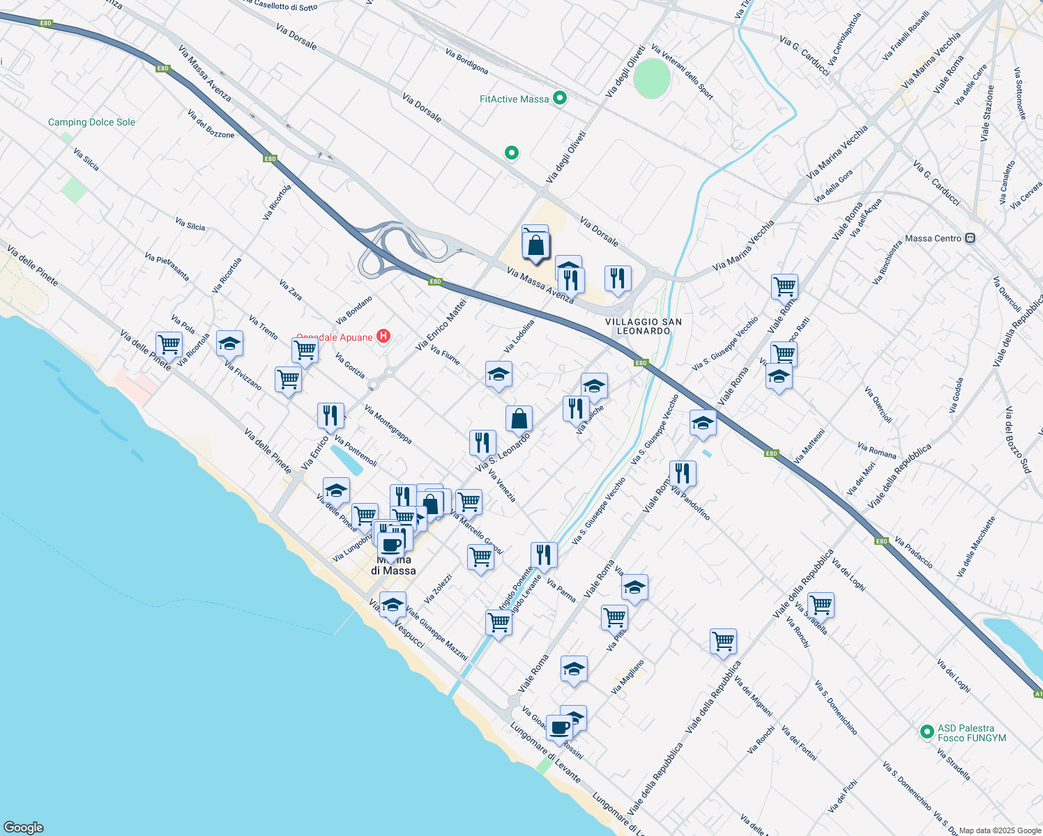 map of restaurants, bars, coffee shops, grocery stores, and more near 13 Via Fiume in Marina di Massa