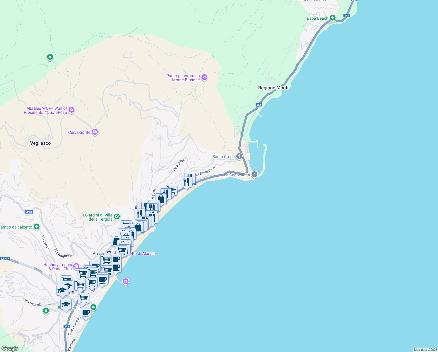 map of restaurants, bars, coffee shops, grocery stores, and more near 68 Passeggiata Cadorna in Alassio
