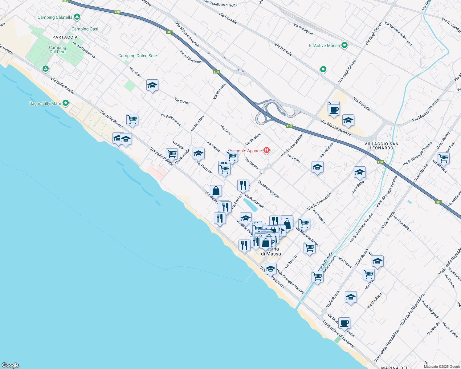 map of restaurants, bars, coffee shops, grocery stores, and more near 8 Via Pontremoli in Marina di Massa