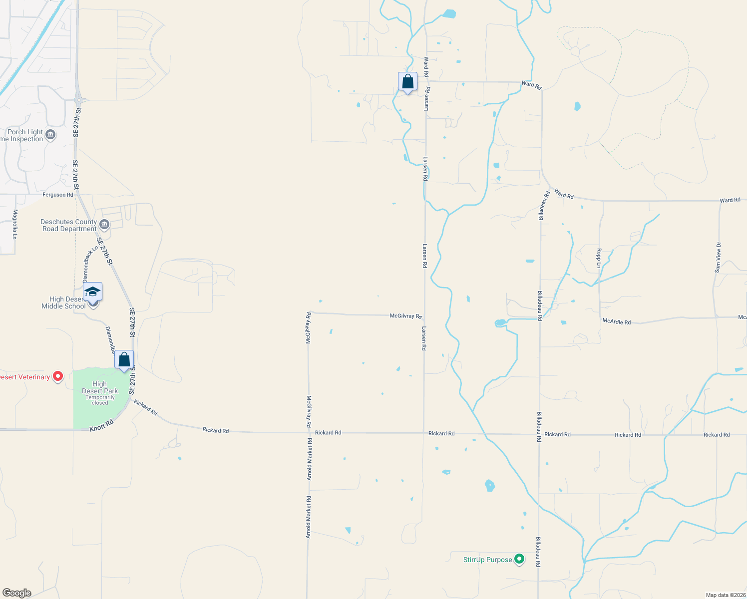 map of restaurants, bars, coffee shops, grocery stores, and more near 21710 McGilvray Road in Bend