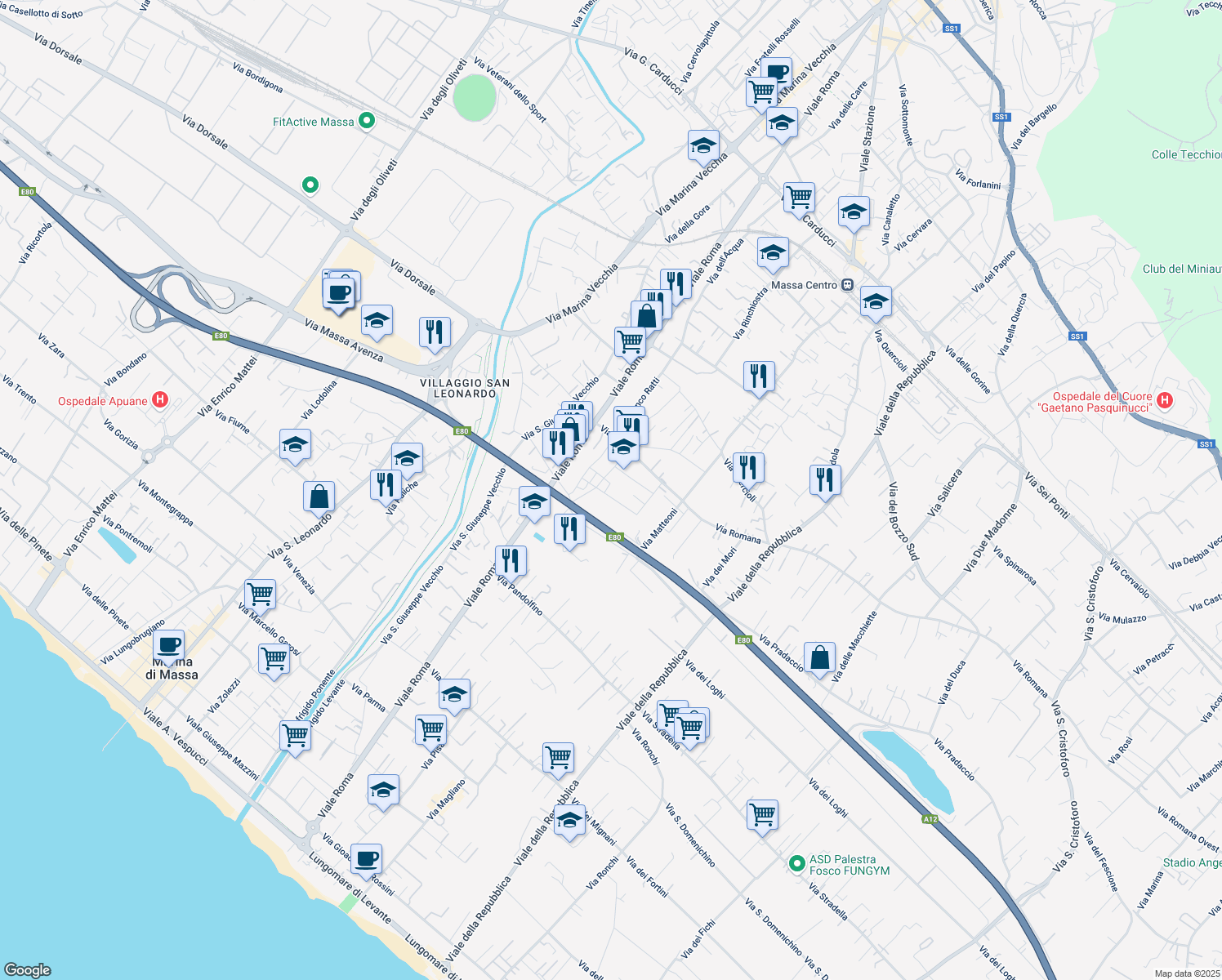 map of restaurants, bars, coffee shops, grocery stores, and more near 5 Via Pietro Maroncelli in Massa