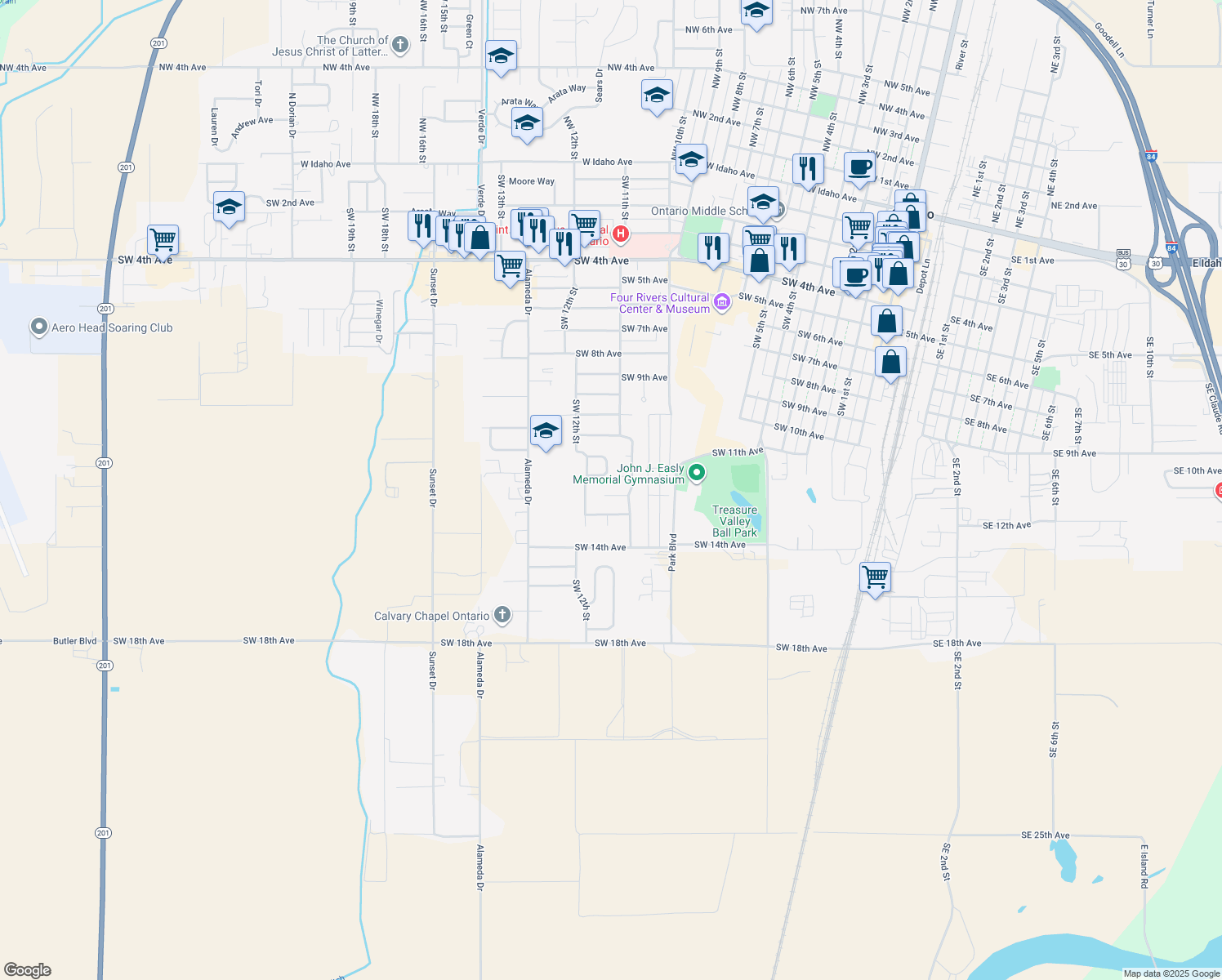 map of restaurants, bars, coffee shops, grocery stores, and more near 1131 Lilac Lane in Ontario