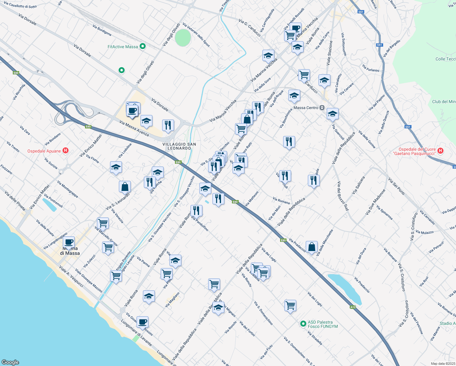 map of restaurants, bars, coffee shops, grocery stores, and more near 5 Via Pietro Maroncelli in Massa