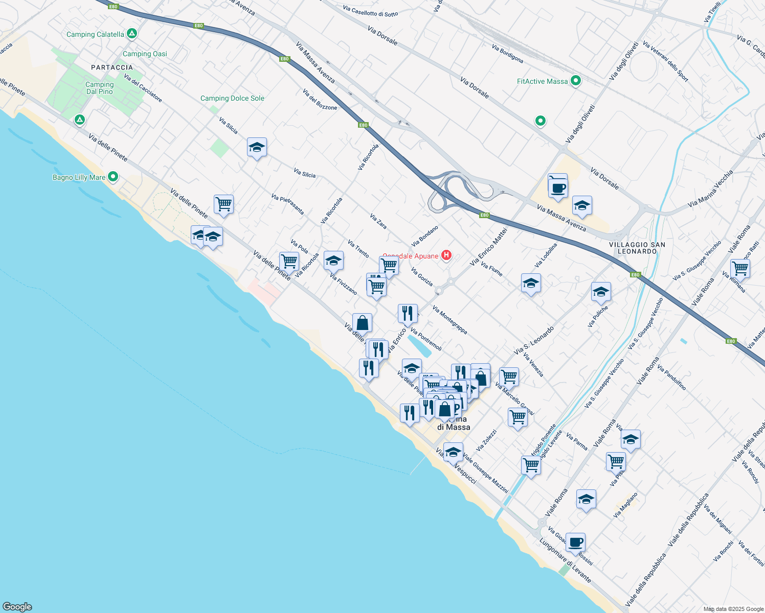 map of restaurants, bars, coffee shops, grocery stores, and more near 8 Via Pontremoli in Marina di Massa
