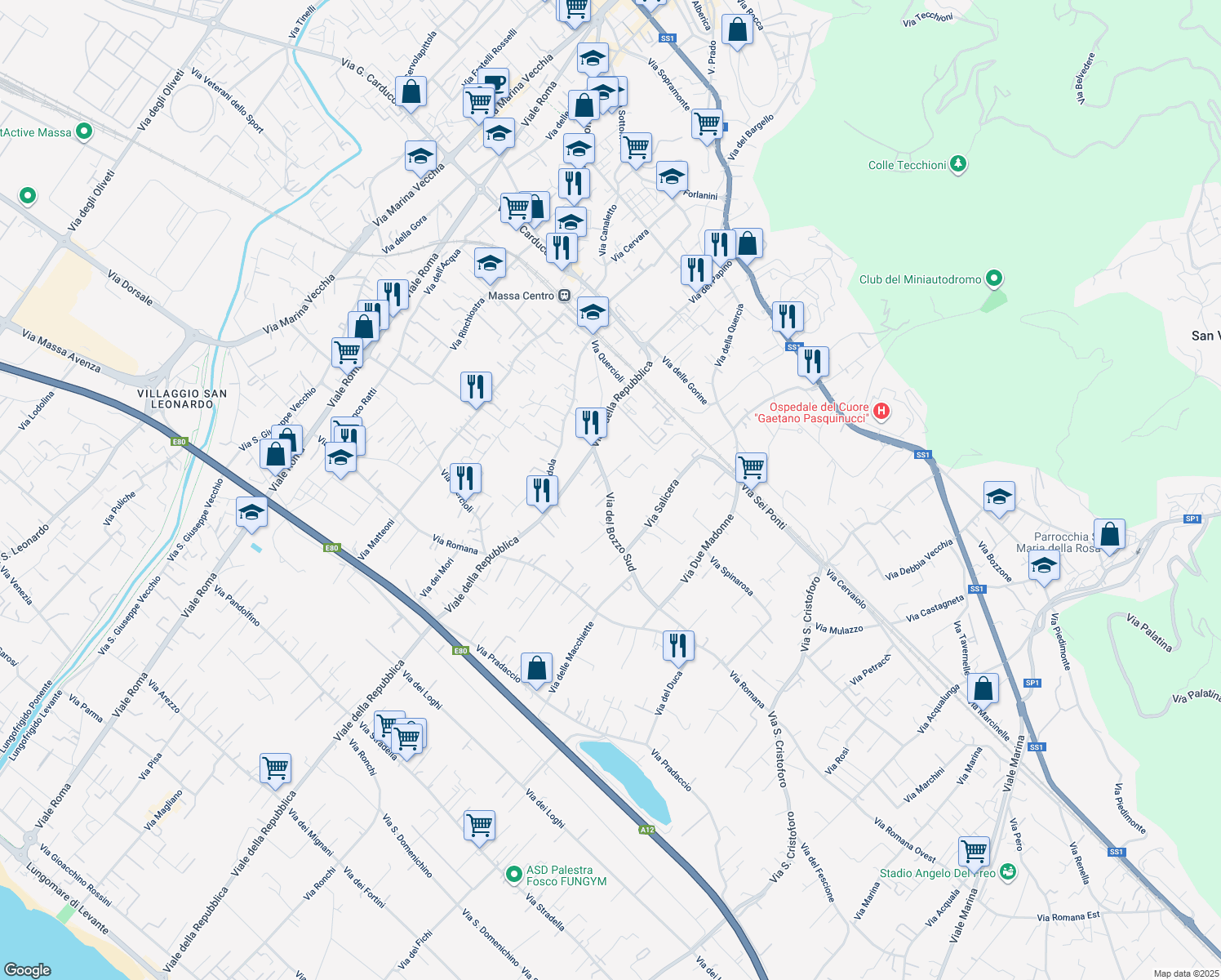 map of restaurants, bars, coffee shops, grocery stores, and more near 6 Via del Bozzo Sud in Massa