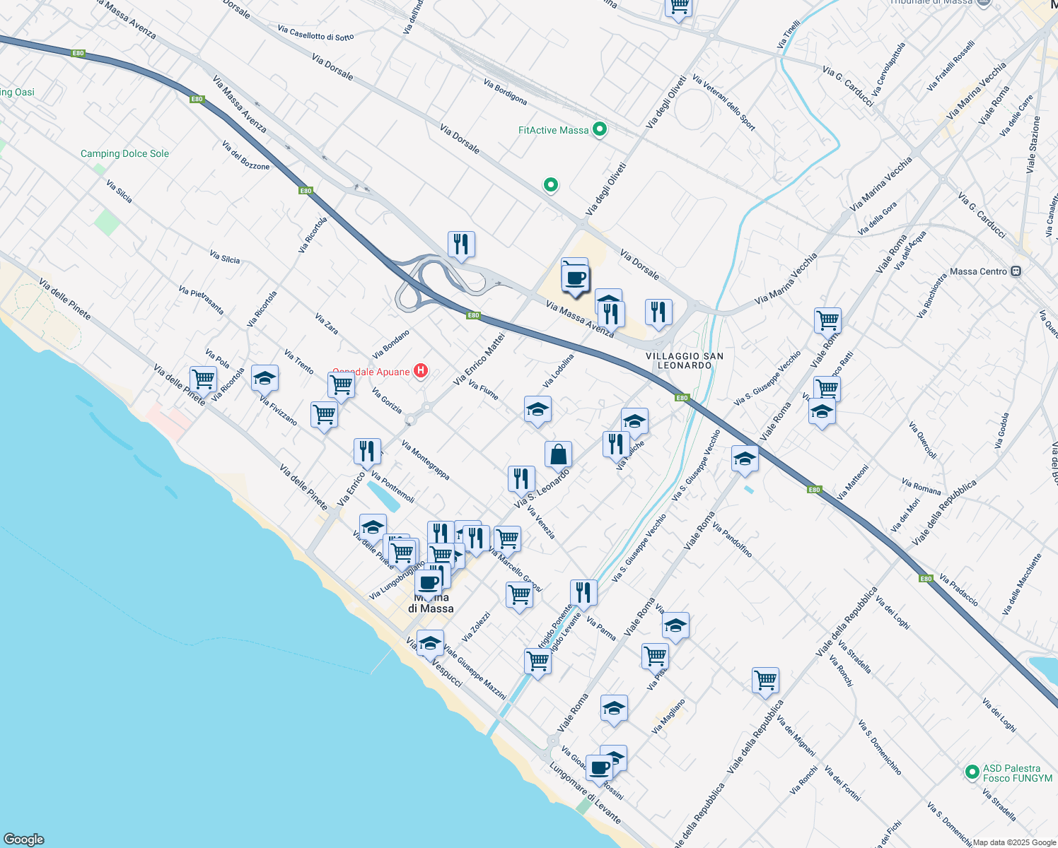 map of restaurants, bars, coffee shops, grocery stores, and more near 28 Via Fiume in Marina di Massa