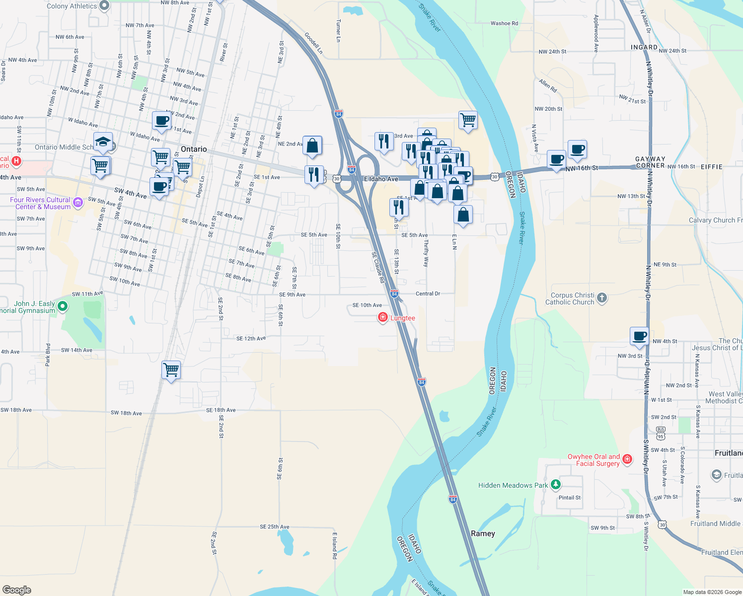 map of restaurants, bars, coffee shops, grocery stores, and more near 1196 Southeast 9th Avenue in Ontario