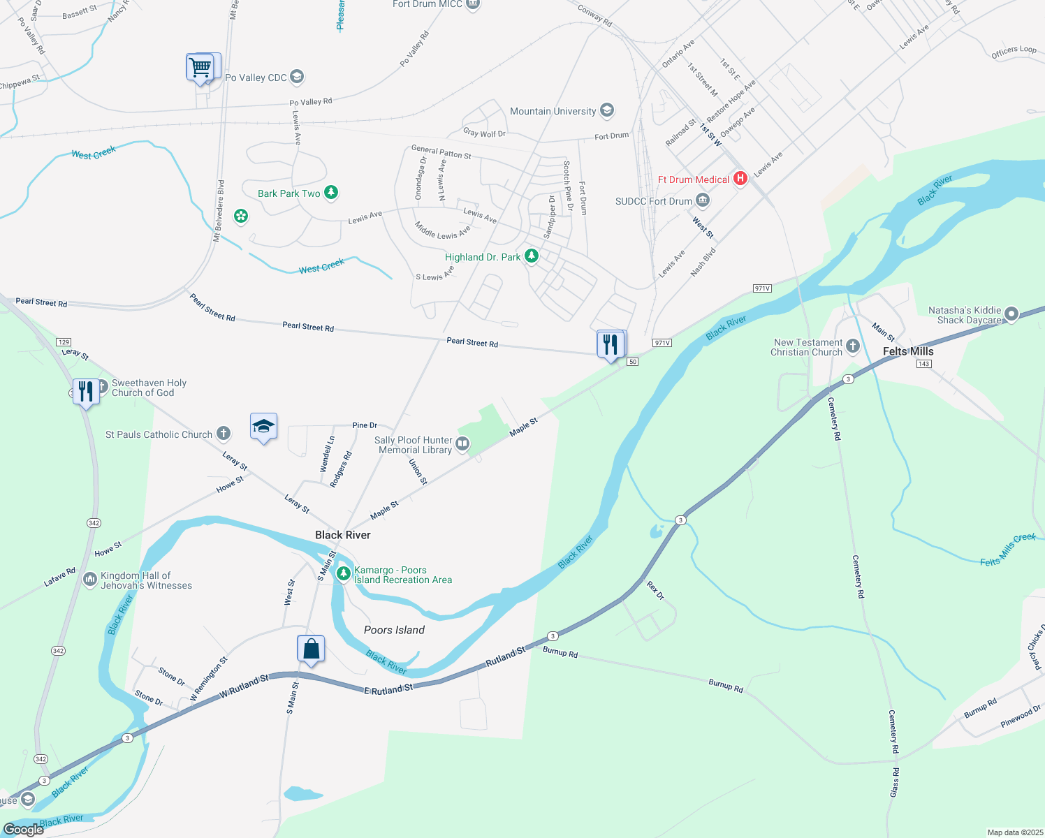 map of restaurants, bars, coffee shops, grocery stores, and more near 100 Ambrose Dr in Black River