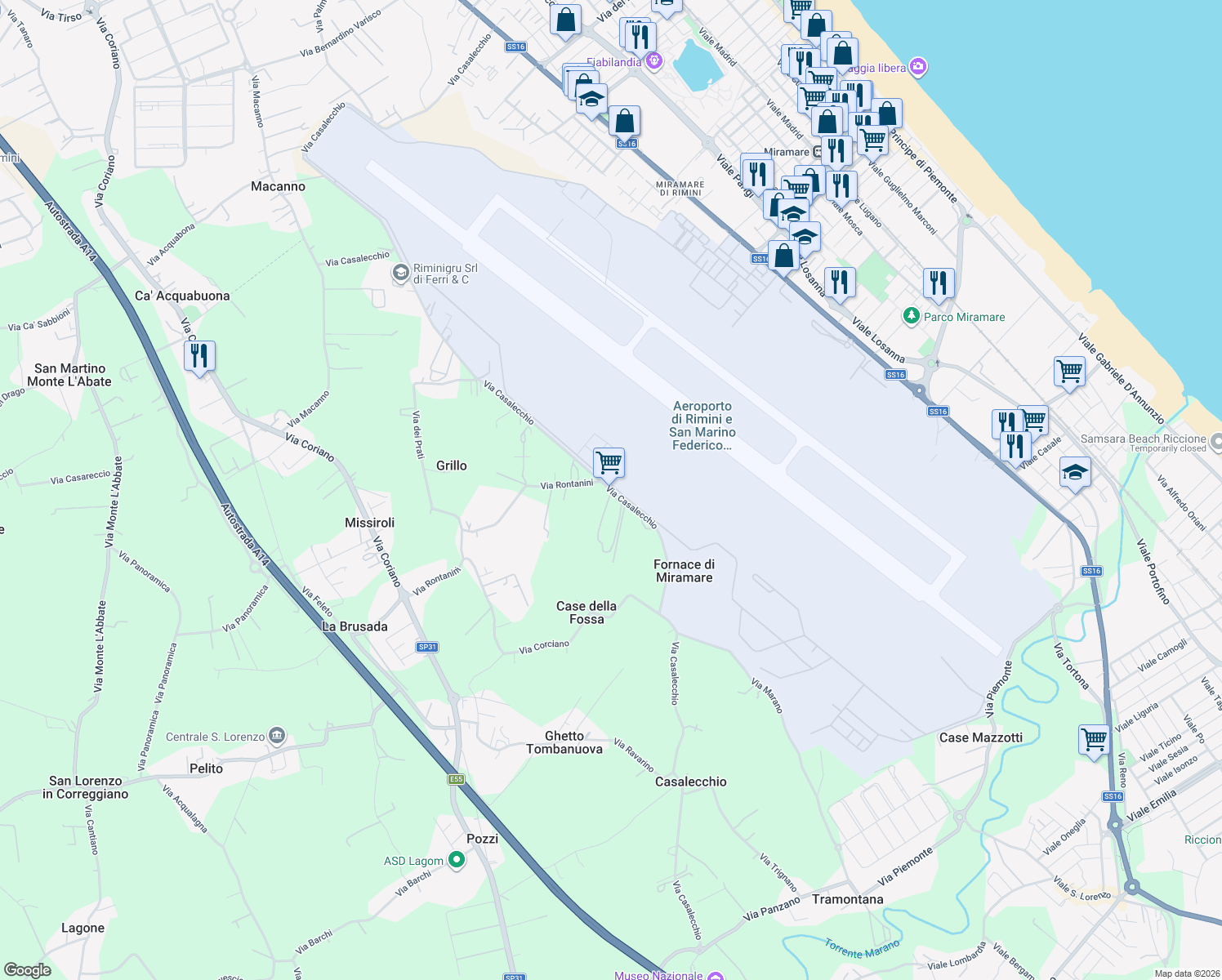 map of restaurants, bars, coffee shops, grocery stores, and more near 37 Via Casalecchio in Provincia di Rimini