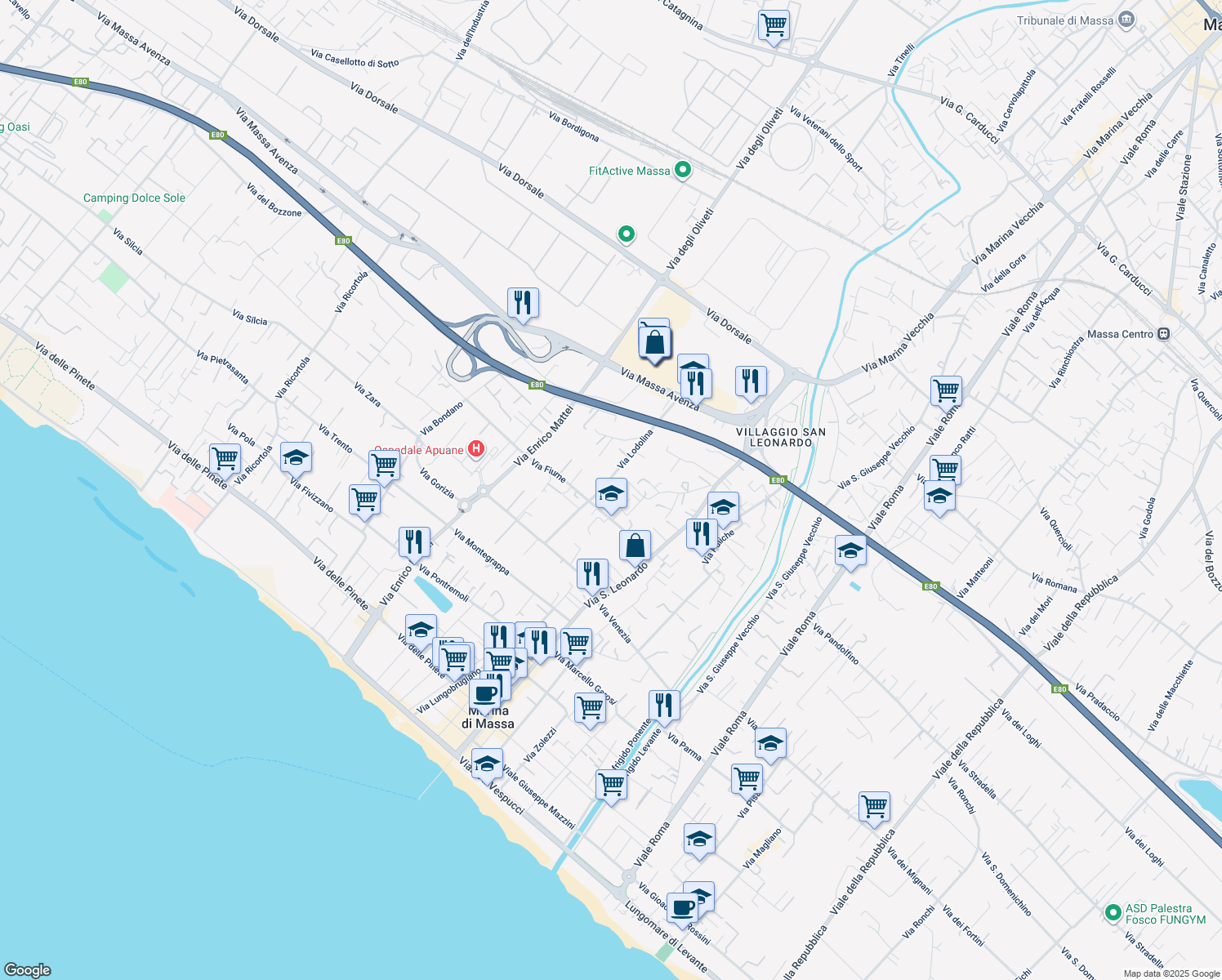 map of restaurants, bars, coffee shops, grocery stores, and more near 22-28 Via Fiume in Massa