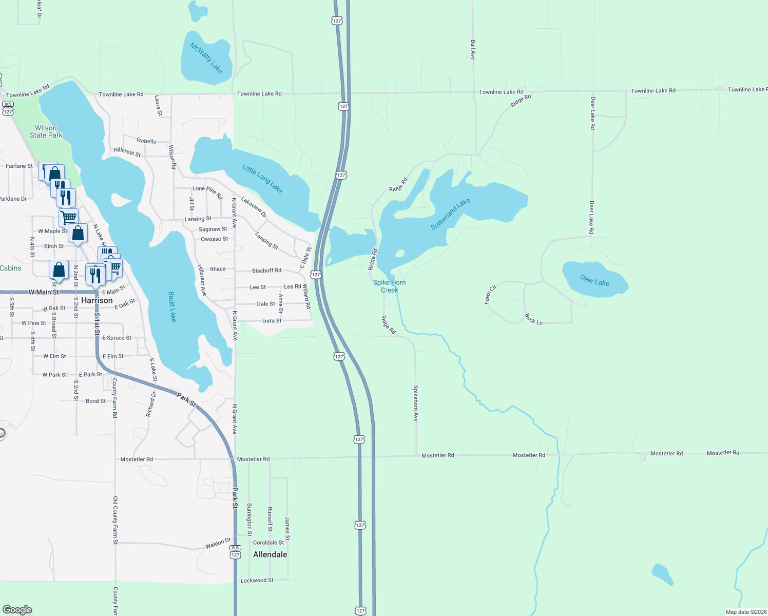 map of restaurants, bars, coffee shops, grocery stores, and more near 2153 Ridge Road in Harrison