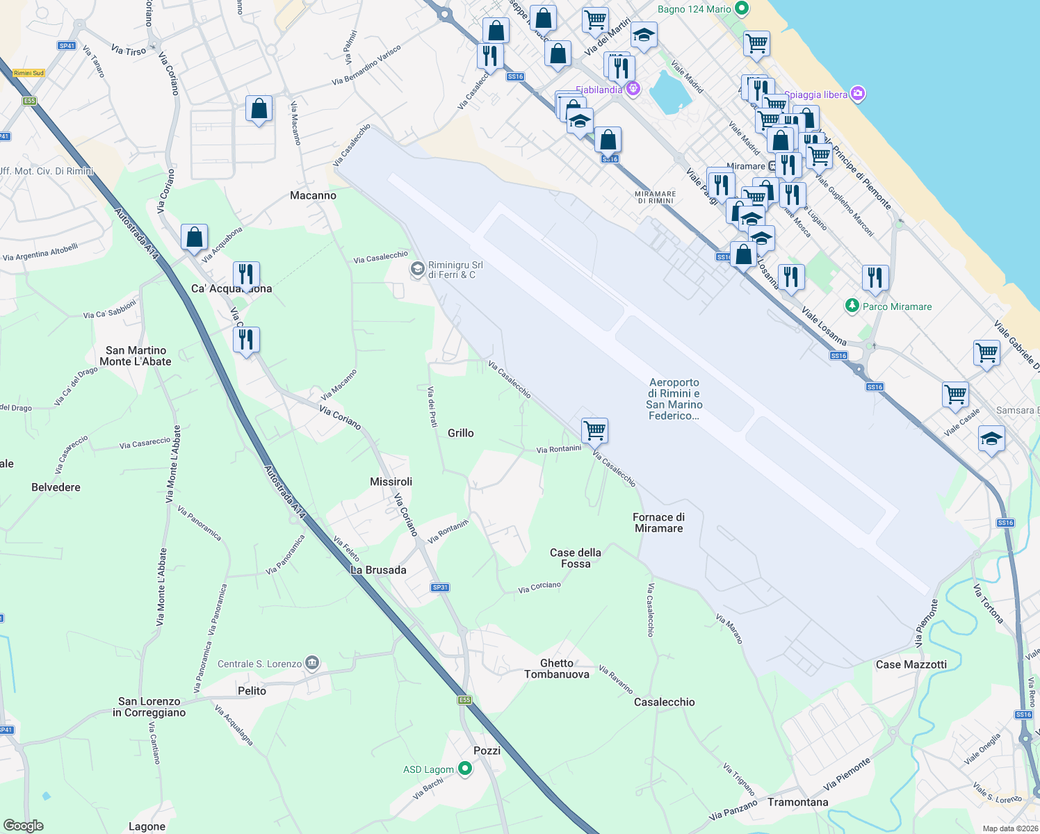 map of restaurants, bars, coffee shops, grocery stores, and more near 33-37 Via Casalecchio in Rimini