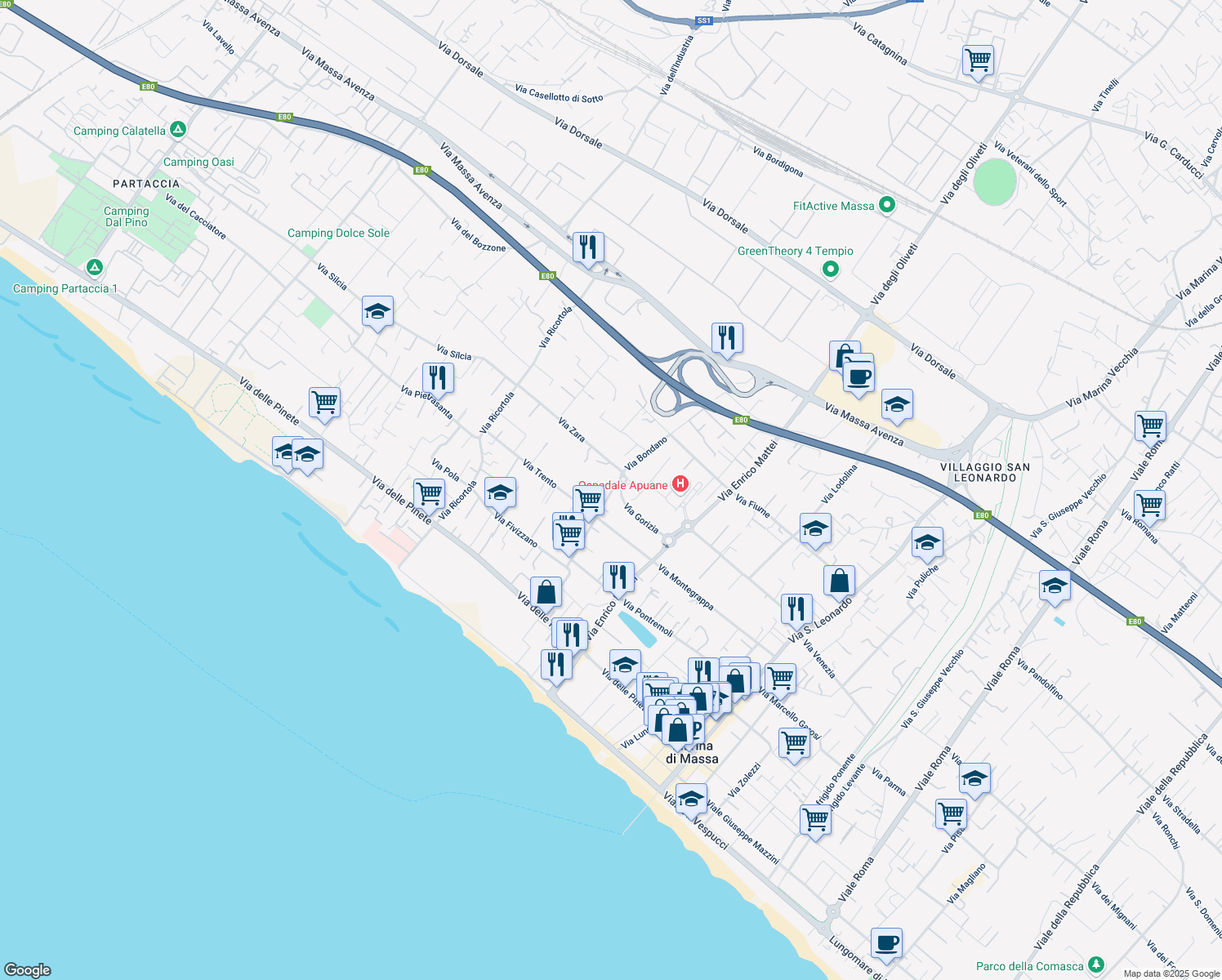 map of restaurants, bars, coffee shops, grocery stores, and more near 61 Via Bondano in Marina di Massa