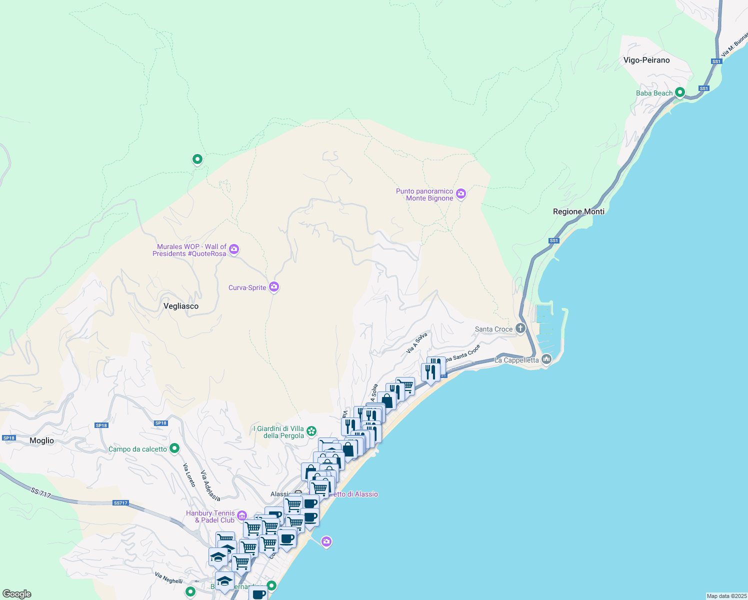 map of restaurants, bars, coffee shops, grocery stores, and more near 14 Via Francesco Airaldi in Alassio