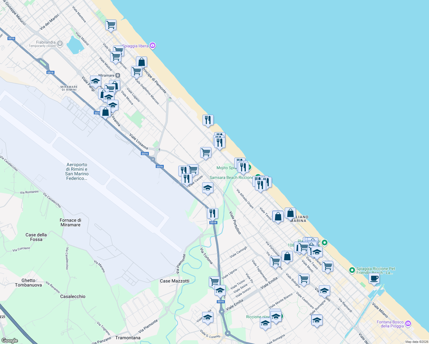 map of restaurants, bars, coffee shops, grocery stores, and more near 17 Viale Gozzano in Riccione
