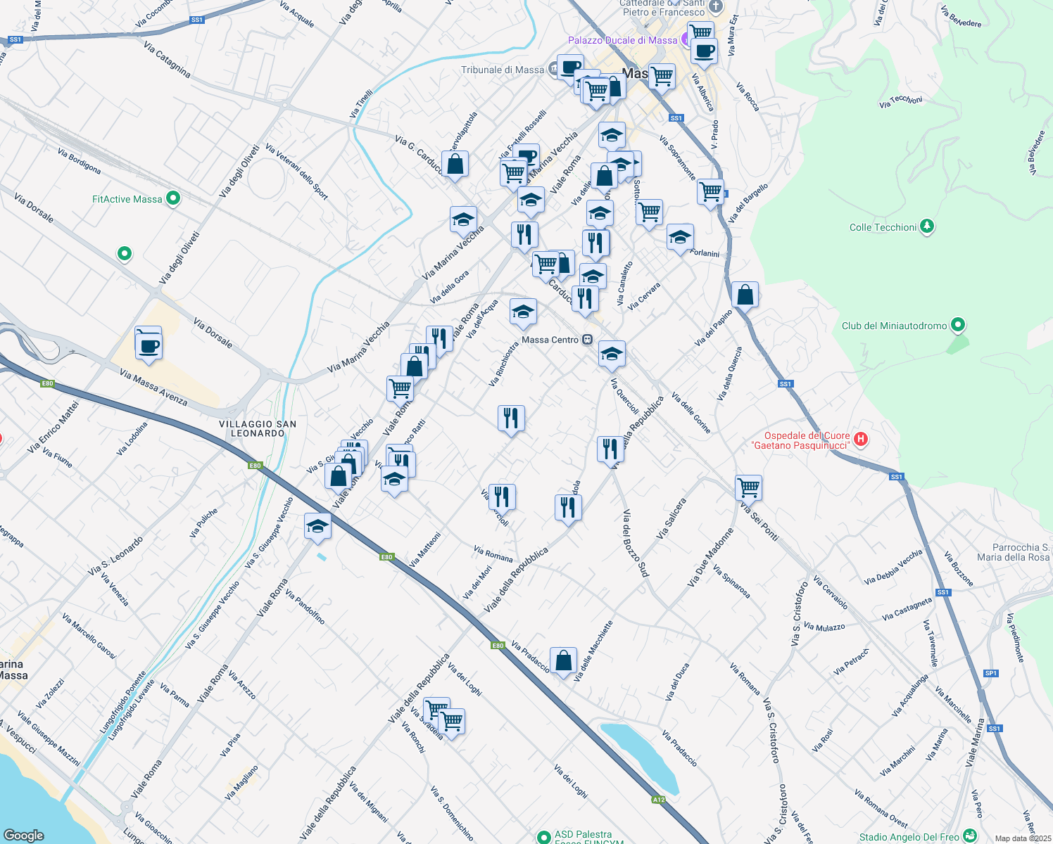 map of restaurants, bars, coffee shops, grocery stores, and more near 124 Via Quercioli in Massa