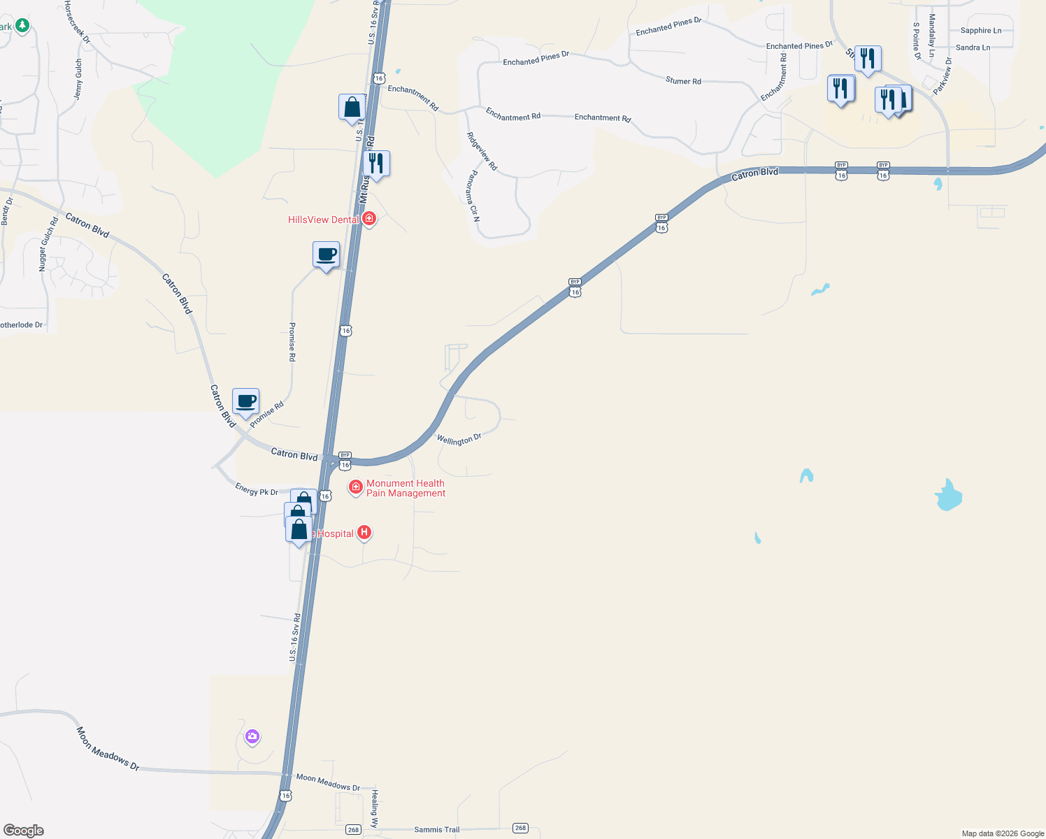 map of restaurants, bars, coffee shops, grocery stores, and more near 1100 Regency Court in Rapid City