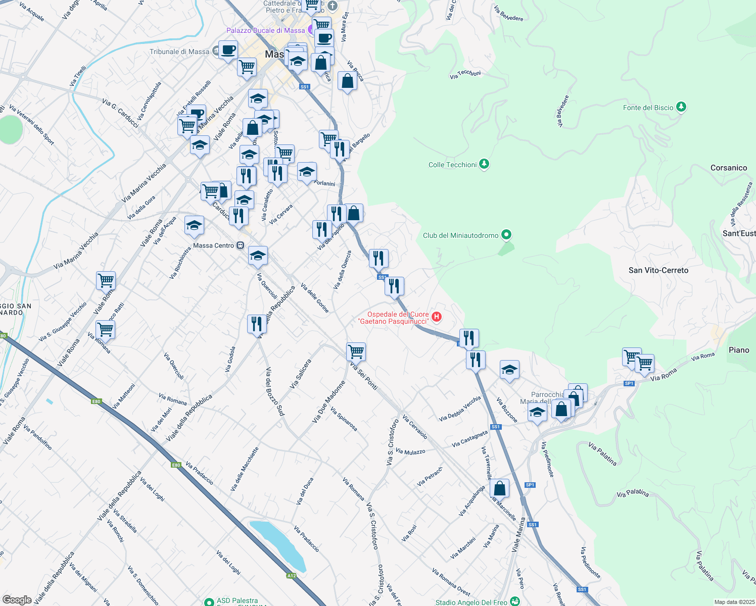 map of restaurants, bars, coffee shops, grocery stores, and more near 7 Via Renaccio in Massa