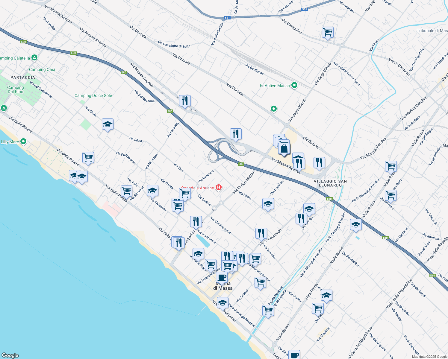 map of restaurants, bars, coffee shops, grocery stores, and more near 193 Via Fiume in Massa