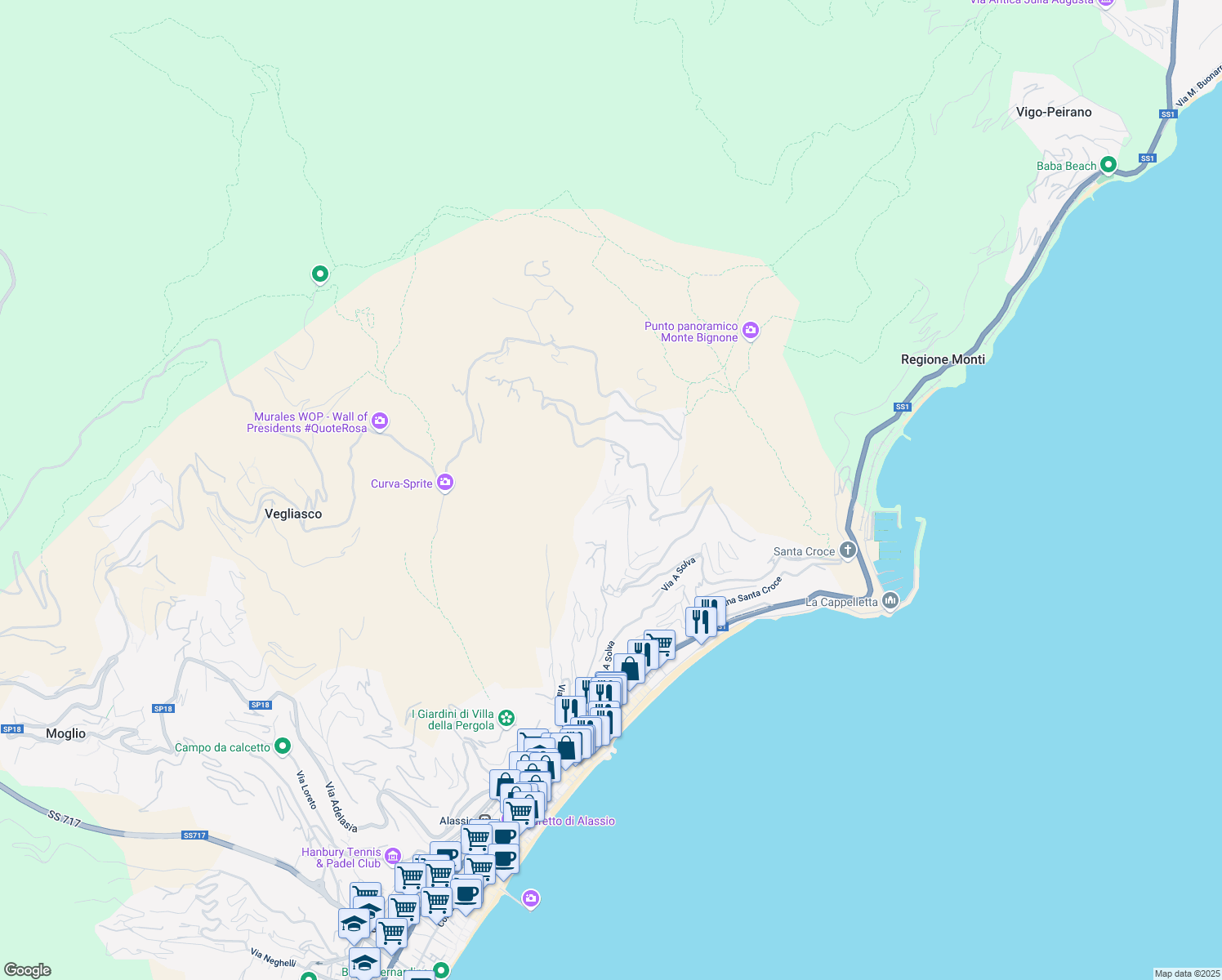 map of restaurants, bars, coffee shops, grocery stores, and more near 14 Via Francesco Airaldi in Alassio
