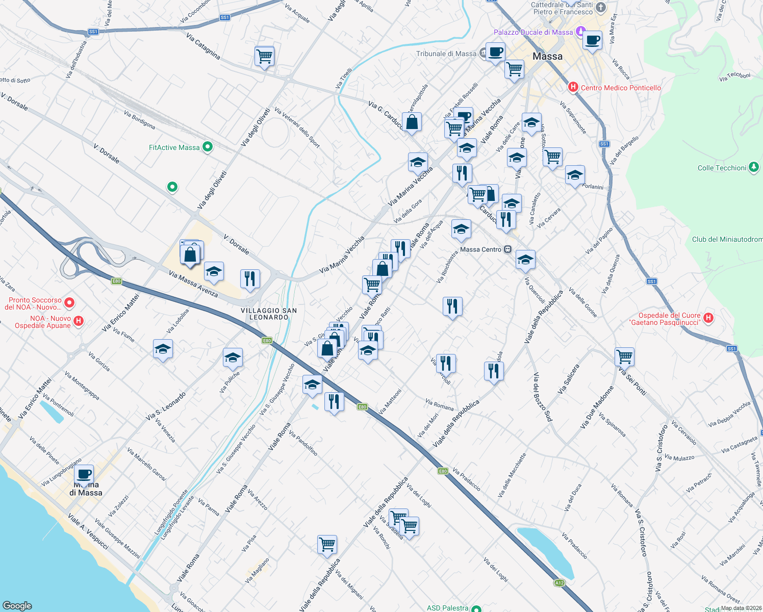 map of restaurants, bars, coffee shops, grocery stores, and more near 189-191 Viale Roma in Massa