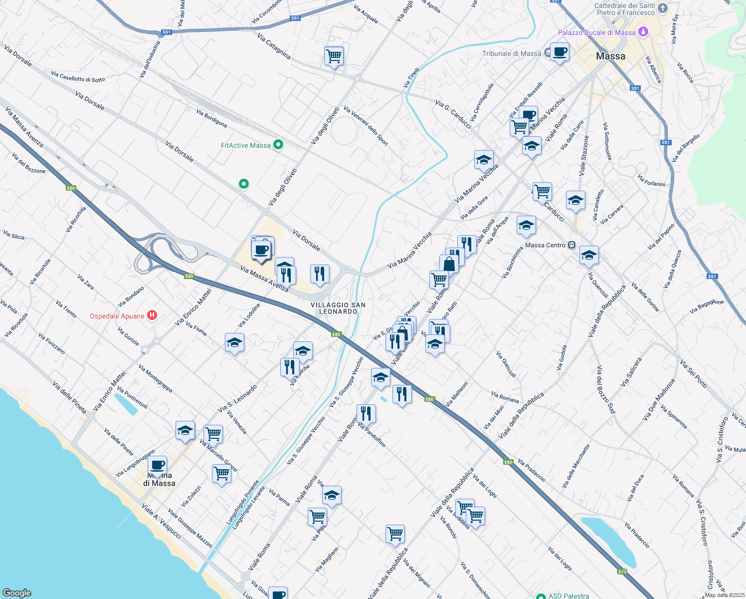 map of restaurants, bars, coffee shops, grocery stores, and more near 8 Via Madonna del Golfo in Massa
