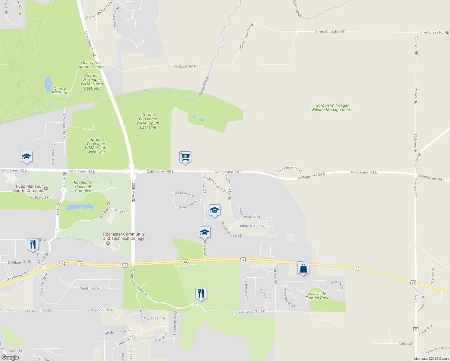 map of restaurants, bars, coffee shops, grocery stores, and more near 35 Sunnydale Lane Southeast in Rochester