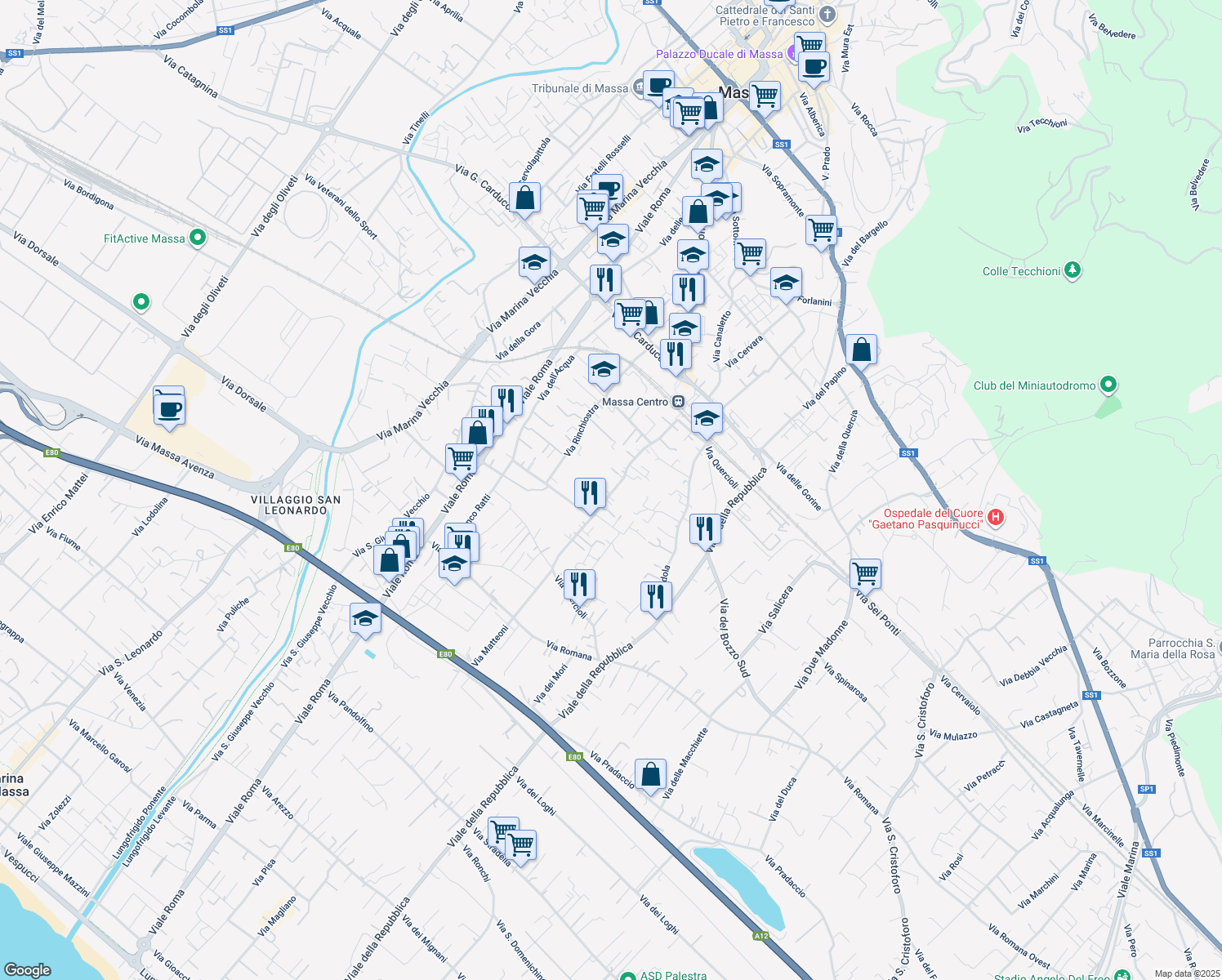 map of restaurants, bars, coffee shops, grocery stores, and more near 124 Via Quercioli in Massa