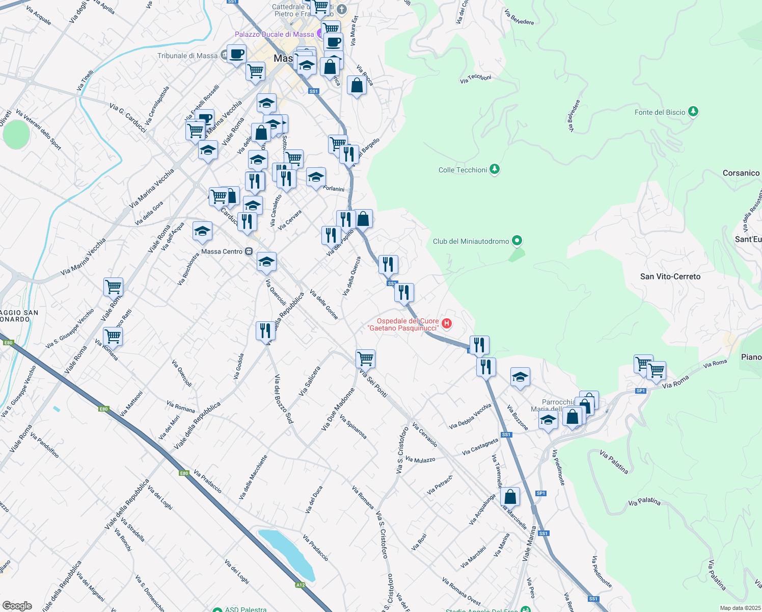 map of restaurants, bars, coffee shops, grocery stores, and more near 7 Via Renaccio in Massa